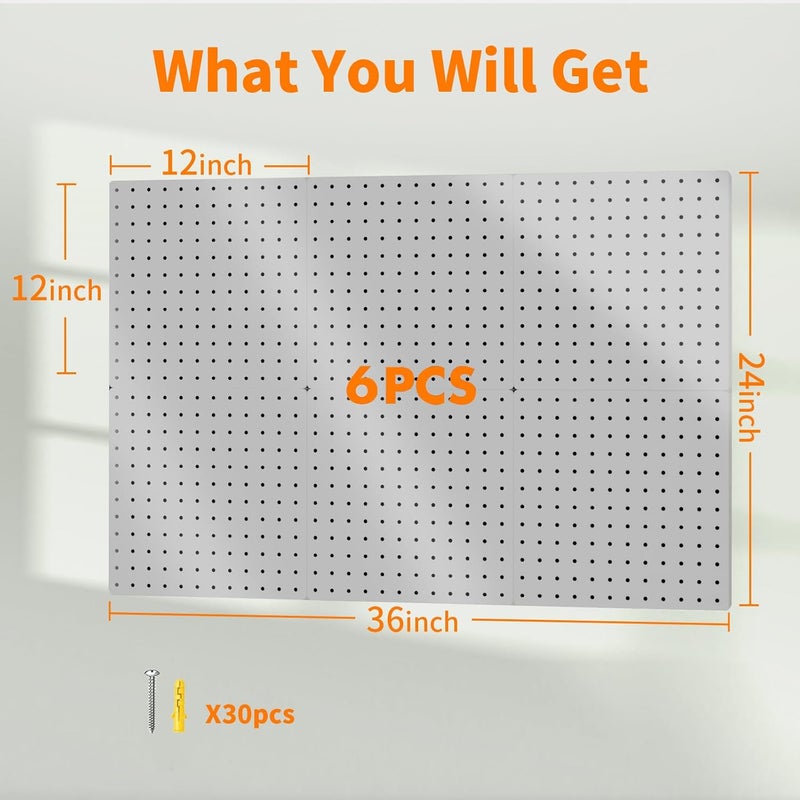 FZK Peg Board, 6PCS Metal Pegboard, Heavy Duty Pegboard Wall Organizer with Frame. Pegboard for Walls, Garage, Workbench, Craft Room Tool Organization, Metal Pegboard Panels 12in*12in,Grey - Image 2